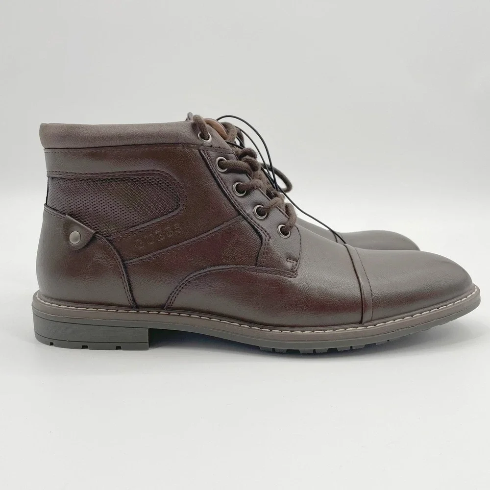GUESS Men's Dark Brown Cap Toe Lace Up Ankle Boots Size 10M‎ Faux leather NWOB